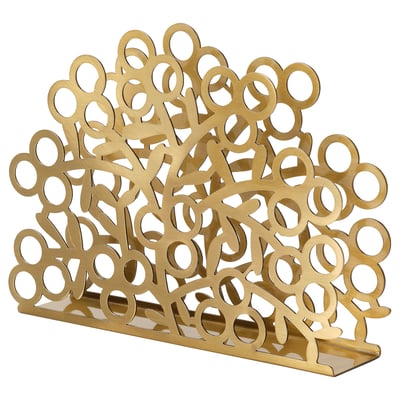 Gold VINTERFINT napkin holder, circular cutouts, stainless steel shiny finish; elegant, decorative table accessory.
