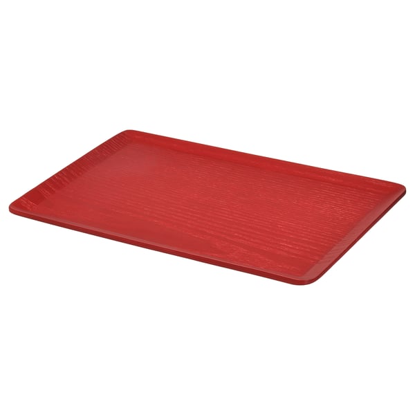 Red wooden tray, rectangular with rounded corners, smooth surface, birch veneer finish, perfect for serving meals.