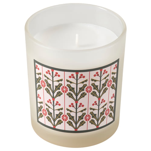 VINTERFINT white scented candle with red holly berry design, made of glass and plant-based wax. Cylindrical shape with a festive pattern.