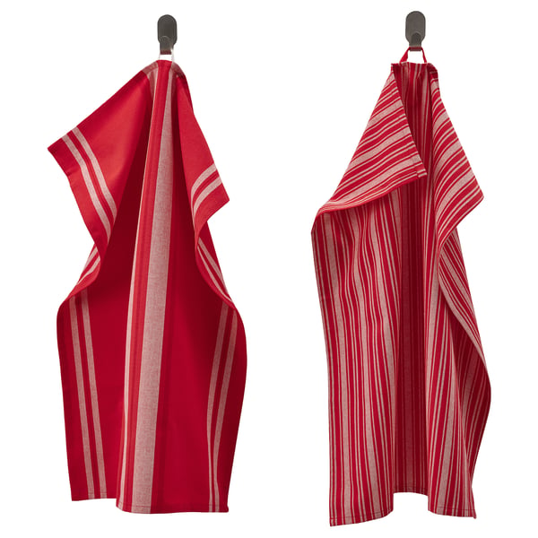 Two red striped towels with loops hang vertically. One has wider stripes, the other narrow. Made of cotton.