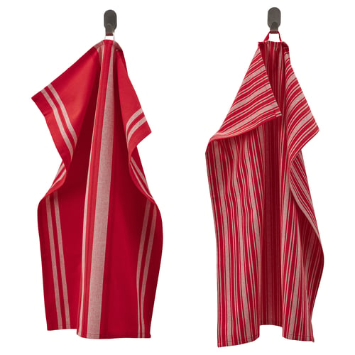 Two red striped towels with loops hang vertically. One has wider stripes, the other narrow. Made of cotton.