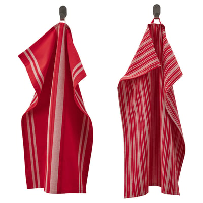 Two red striped towels with loops hang vertically. One has wider stripes, the other narrow. Made of cotton.
