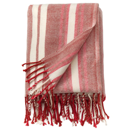 VINTERFINT red and white striped wool blanket with fringe, rectangular.