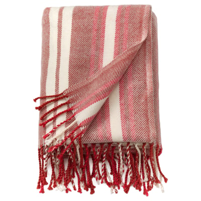 VINTERFINT red and white striped wool blanket with fringe, rectangular.