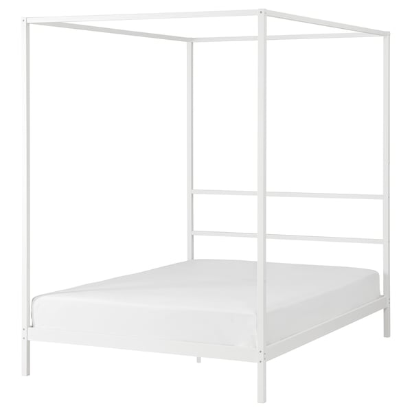 VITARNA white metal four-poster bed frame with clean lines and a slatted base for air circulation.