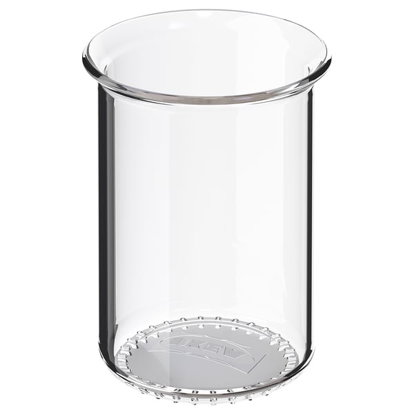 VOXNAN glass cup, clear, round, simple design, sits on a flat surface.
