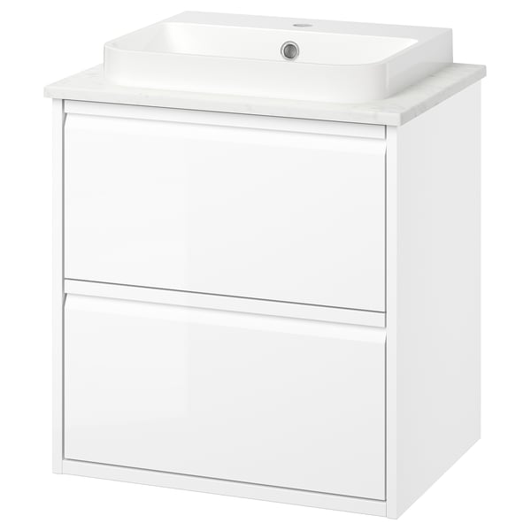 ÄNGSJÖN / BACKSJÖN Meuble lavabo avec tiroirs/vasque, brillant blanc/blanc marbré, 62x49x71 cm