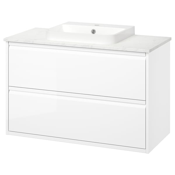ÄNGSJÖN / BACKSJÖN Meuble lavabo avec tiroirs/vasque, brillant blanc/blanc marbré, 102x49x71 cm