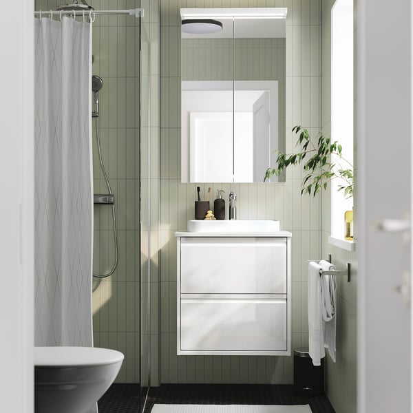 ÄNGSJÖN / BACKSJÖN Meuble lavabo avec tiroirs/vasque, brillant blanc/blanc marbré, 62x49x71 cm