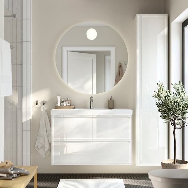 ÄNGSJÖN Meuble lavabo avec tiroirs, brillant blanc, 100x48x63 cm