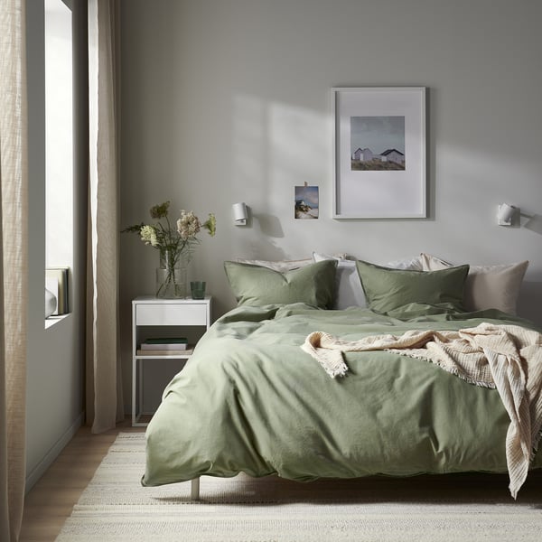 ÄNGSLILJA Housse de couette et 1 taie, gris vert, 150x200/50x60 cm