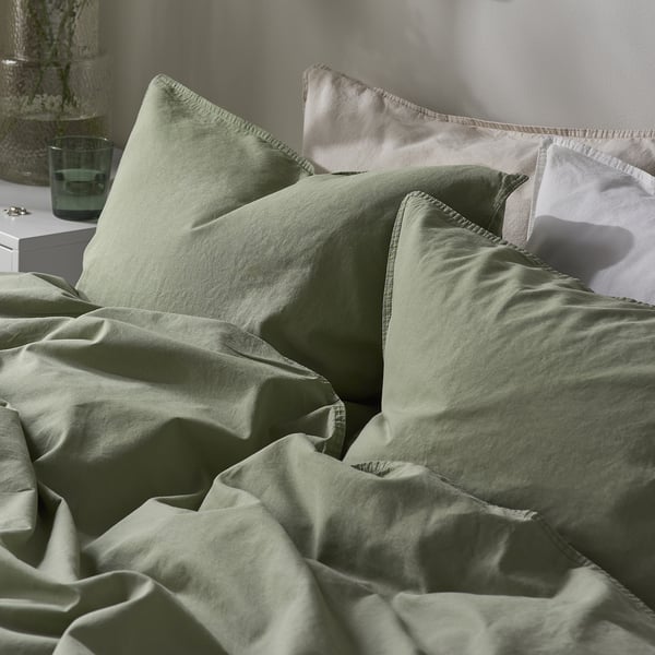 ÄNGSLILJA Housse de couette et 2 taies, gris vert, 240x220/50x60 cm