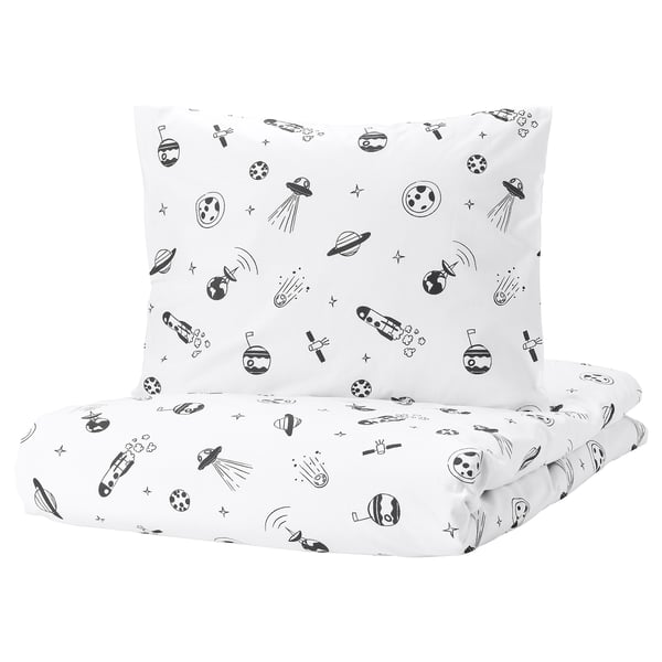 AFTONSPARV Housse de couette et 1 taie, espace blanc/noir, 150x200/50x60 cm
