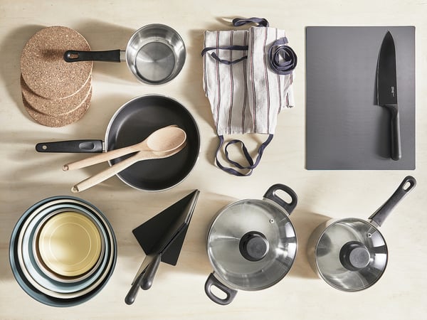 ANNONS Batterie de cuisine, 3 pièces, verre/acier inoxydable