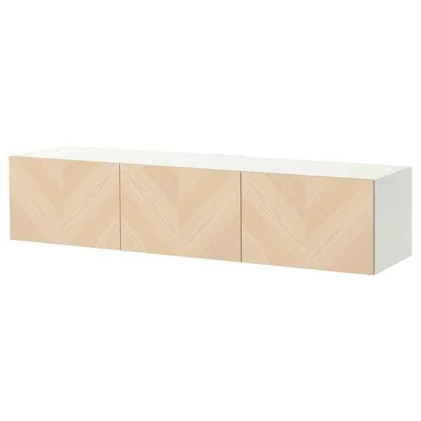 BESTÅ Banc TV avec portes, blanc/Hedeviken plaqué frêne, 180x42x38 cm