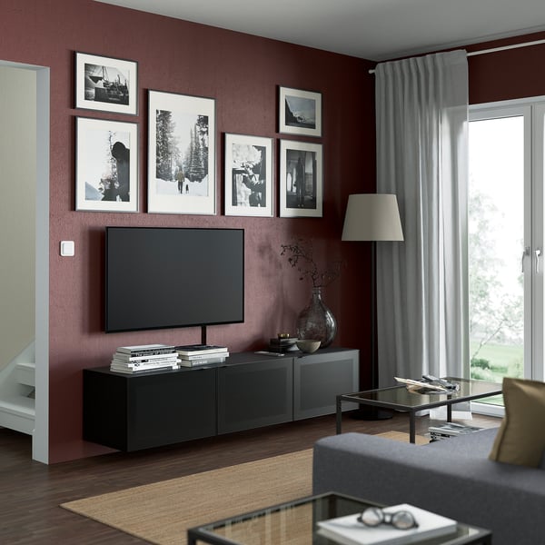 BESTÅ Banc TV avec portes, brun noir/Mörtviken noir, 180x42x38 cm