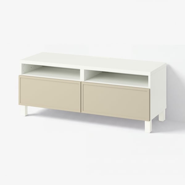 BESTÅ Banc TV avec tiroirs, blanc/Krukmakare beige, 120x42x48 cm