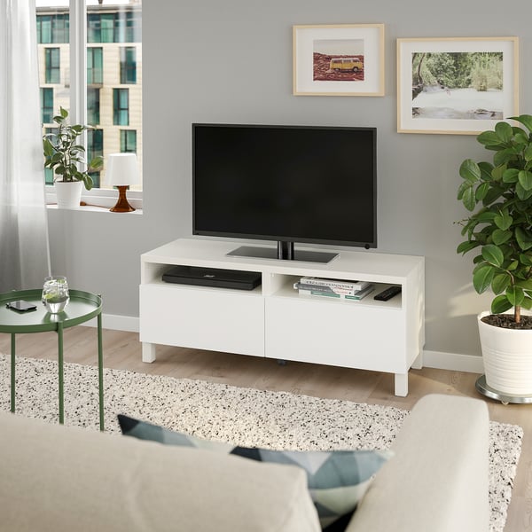 BESTÅ Banc TV avec tiroirs, blanc/Lappviken/Stubbarp blanc, 120x42x48 cm