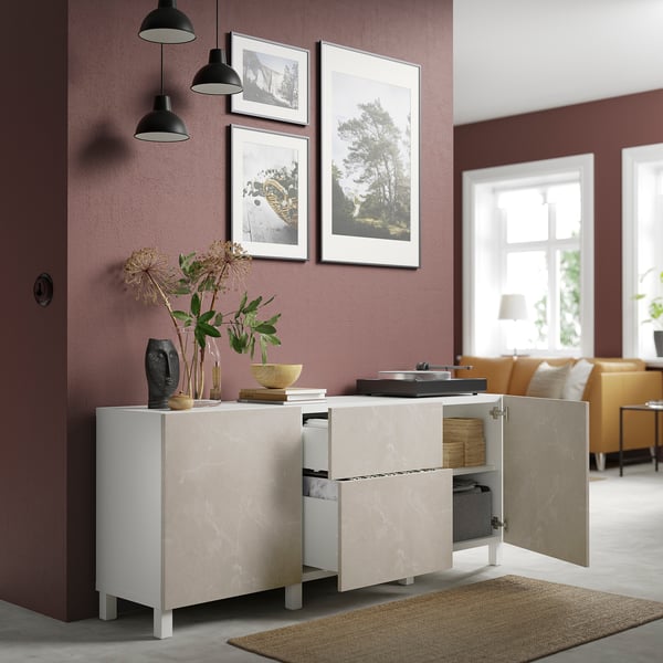 BESTÅ Combinaison rangement tiroirs, blanc Bergsviken/Stubbarp/beige marbré, 180x42x74 cm