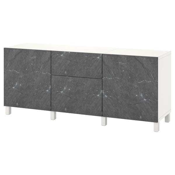 BESTÅ Combinaison rangement tiroirs, blanc Bergsviken/Stubbarp/noir marbré, 180x42x74 cm