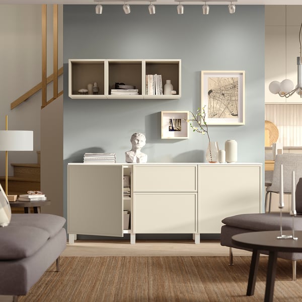 BESTÅ Combinaison rangement tiroirs, blanc/Krukmakare beige, 180x42x75 cm