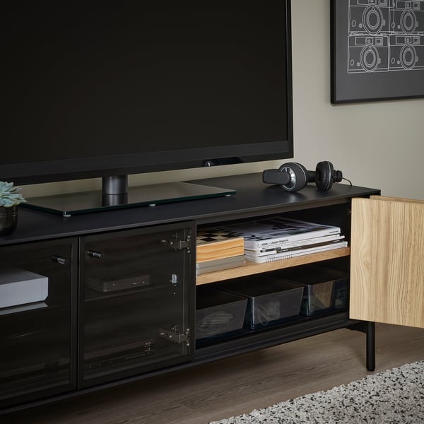 BOASTAD Banc TV, noir/plaqué chêne, 121x42x45 cm