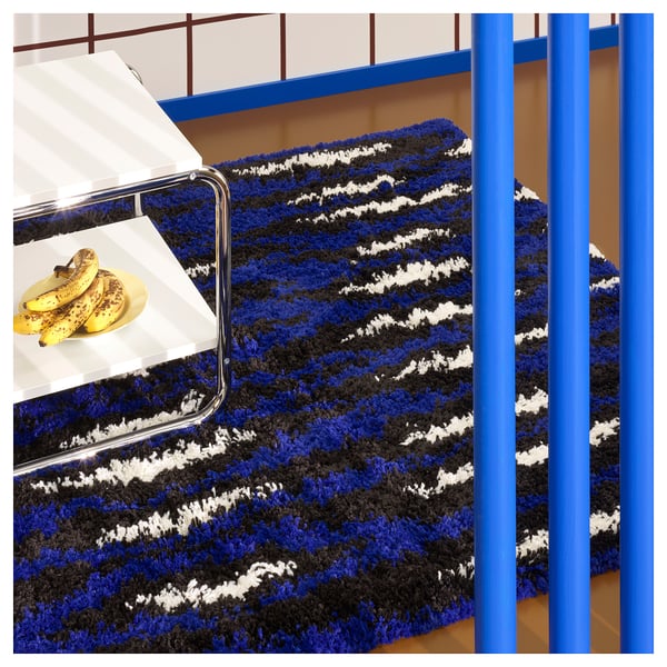 BULLERREMSA Tapis, poils hauts, bleu blanc/noir, 133x195 cm