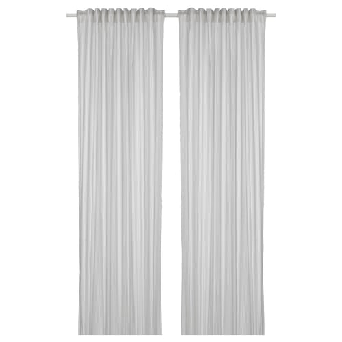 BYMOTT Rideaux, 2 pièces, blanc/gris clair rayé/ruflette, 120x300 cm