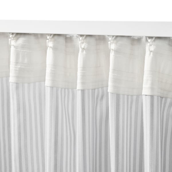 BYMOTT Rideaux, 2 pièces, blanc/gris clair rayé/ruflette, 120x300 cm