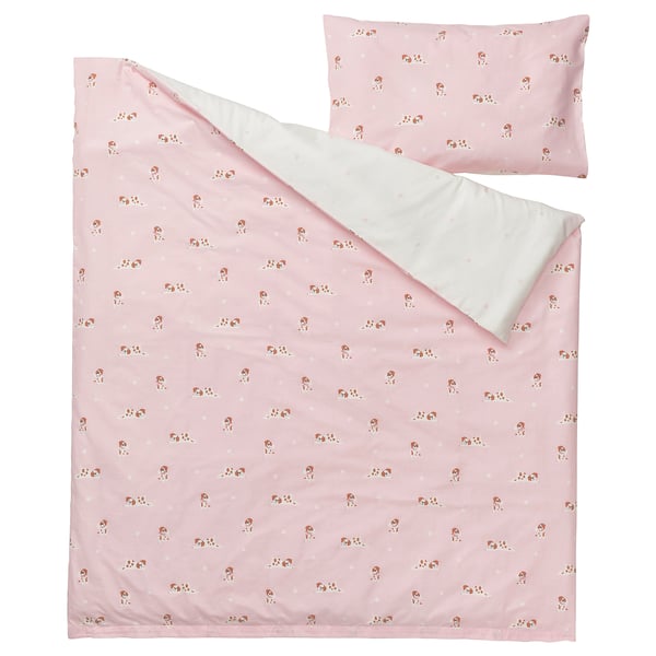 DRÖMSLOTT Housse couette+1 taie pour lit bébé, motif chiot/rose, 110x125/35x55 cm