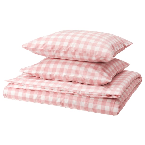 EKTANDVINGE Housse de couette et 2 taies, rose clair blanc/carreaux, 240x220/50x60 cm