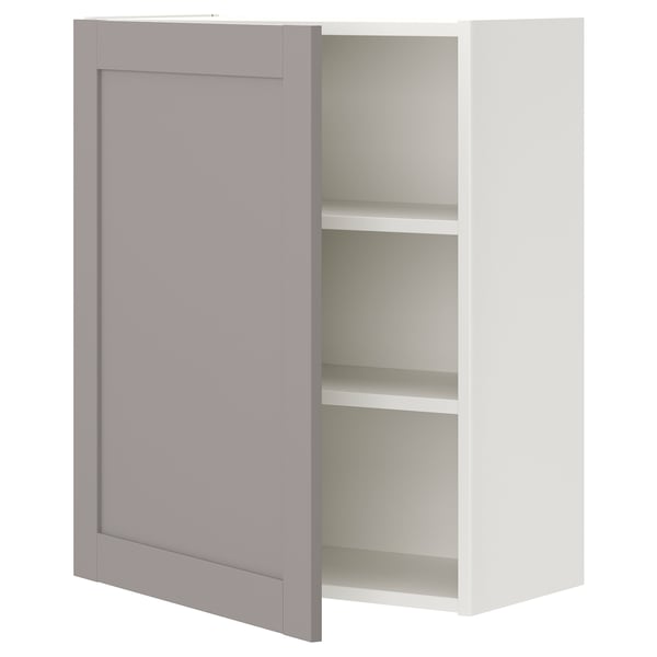 ENHET Élément mur av 2 tablettes/porte, blanc/gris avec cadre, 60x32x75 cm