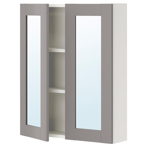 ENHET Meuble à miroir 2 portes, blanc/gris avec cadre, 60x17x75 cm