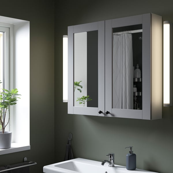 ENHET Meuble à miroir 2 portes, blanc/gris avec cadre, 80x17x75 cm
