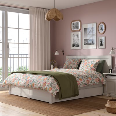FÅGELFJÄLLET Cadre de lit+4boîtes de rangement, blanc cassé/Luröy, 140x200 cm