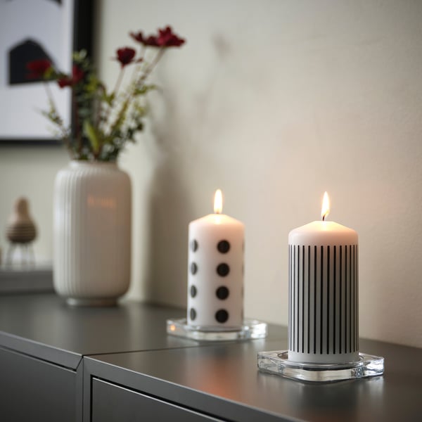 FENOMEN Bougie bloc non parfumée, à rayures fines/noir blanc, 14 cm