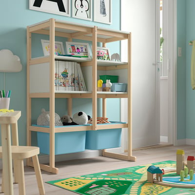 FLISAT Combinaison de rangement ouverte, pin teinté blanc clair blanc/bleu clair, 88x38x117 cm
