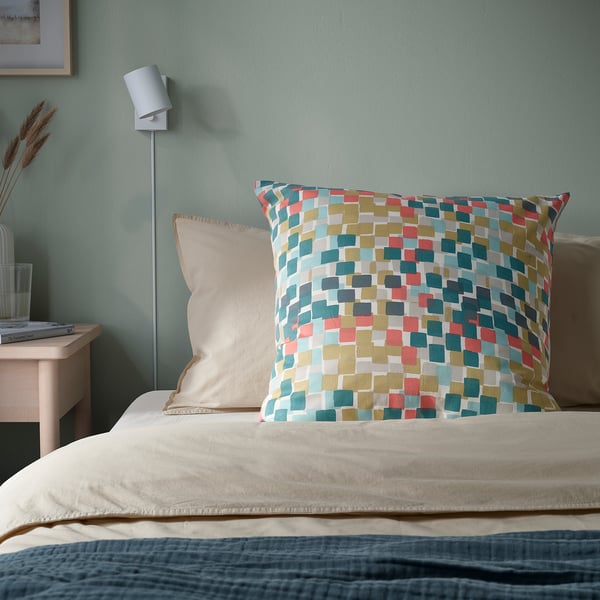 GAFFELBRÄKEN Housse de coussin, blanc/gris foncé - turquoise, 65x65 cm