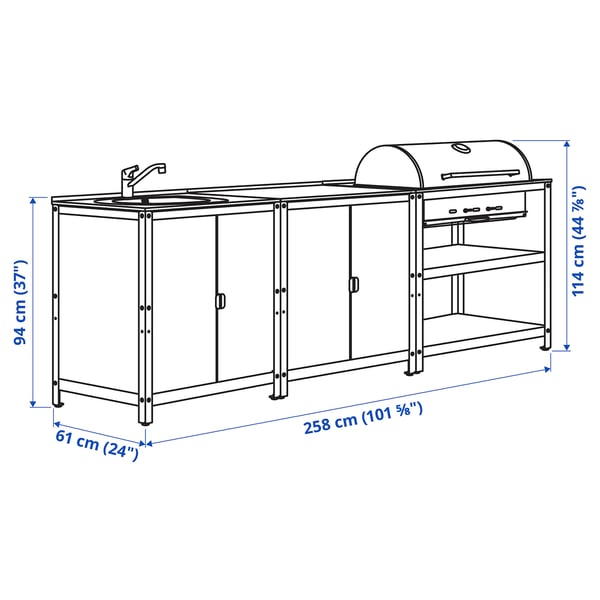 GRILLSKÄR Meuble évier/barbecue charbon, ext, acier inoxydable, 258x61 cm