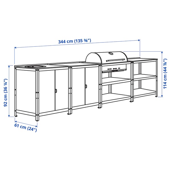 GRILLSKÄR Meuble évier/barbecue charbon, ext, acier inoxydable, 344x61 cm