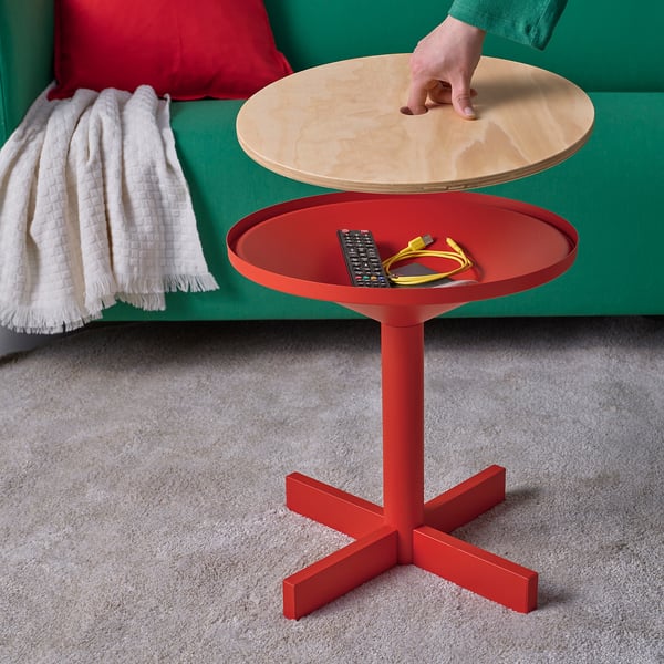 GRIMSARBO Table d'appoint, contreplaqué de pin/rouge vif