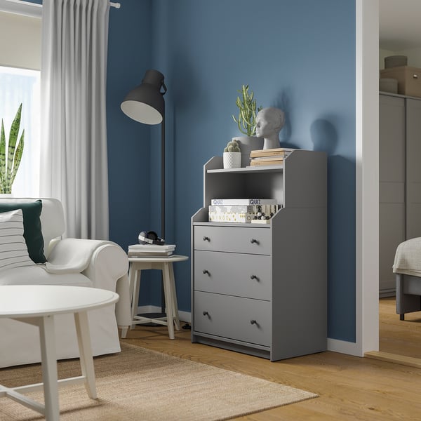 HAUGA Commode 3 tiroirs avec tablette, gris, 70x46x116 cm
