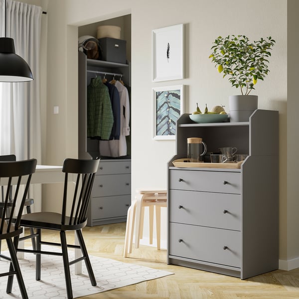 HAUGA Commode 3 tiroirs avec tablette, gris, 70x46x116 cm