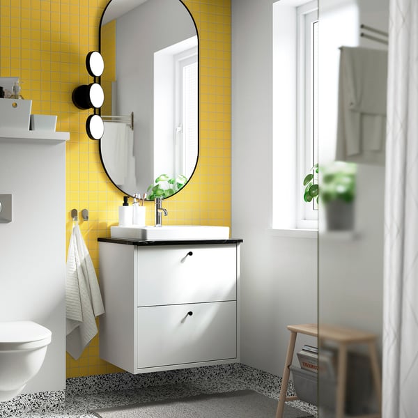 HAVBÄCK / ORRSJÖN Meuble lavabo avec tiroirs/vasque, blanc/noir marbré, 62x49x71 cm