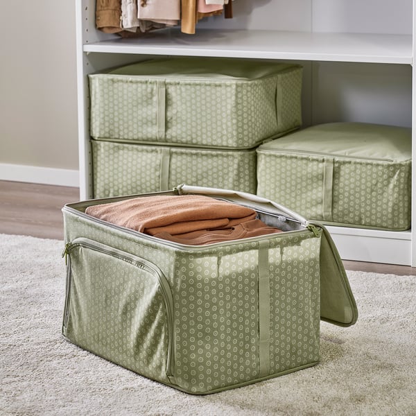 HEMMAFIXARE Sac de rangement, fleur/gris-vert pâle, 34x51x28 cm