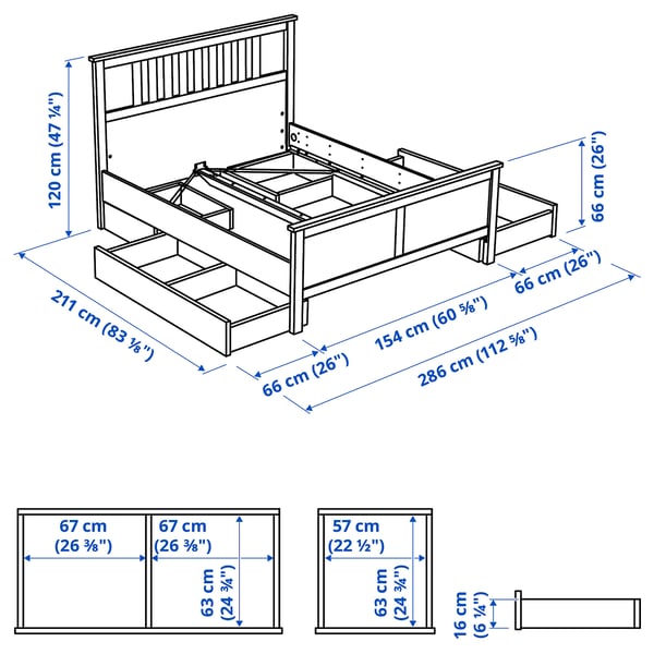 HEMNES Cadre de lit+4boîtes de rangement, teinté blanc, 140x200 cm