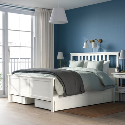HEMNES Cadre de lit+4boîtes de rangement, teinté blanc, 180x200 cm
