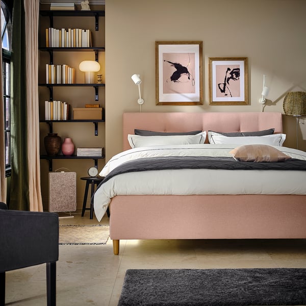 IDANÄS Lit avec rangement matelassé, Gunnared rose pâle, 160x200 cm