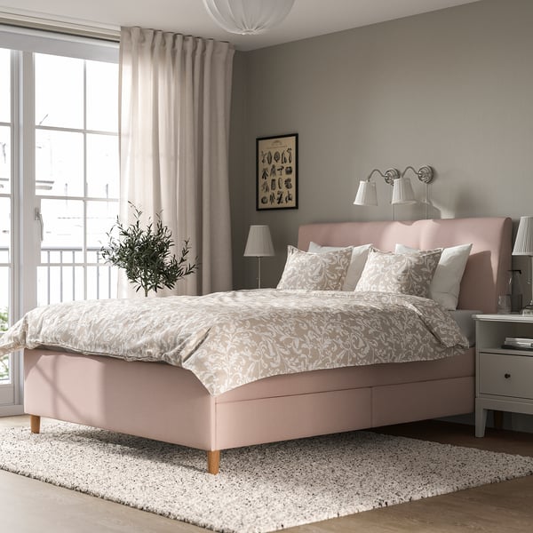 IDANÄS Lit avec rangement matelassé, Gunnared rose pâle, 160x200 cm