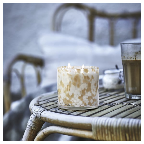 JÄMLIK Bougie parf 2 mèches ds verre, vanille/beige-gris clair, 50 hr
